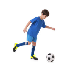 Boy with soccer ball playing football on white background