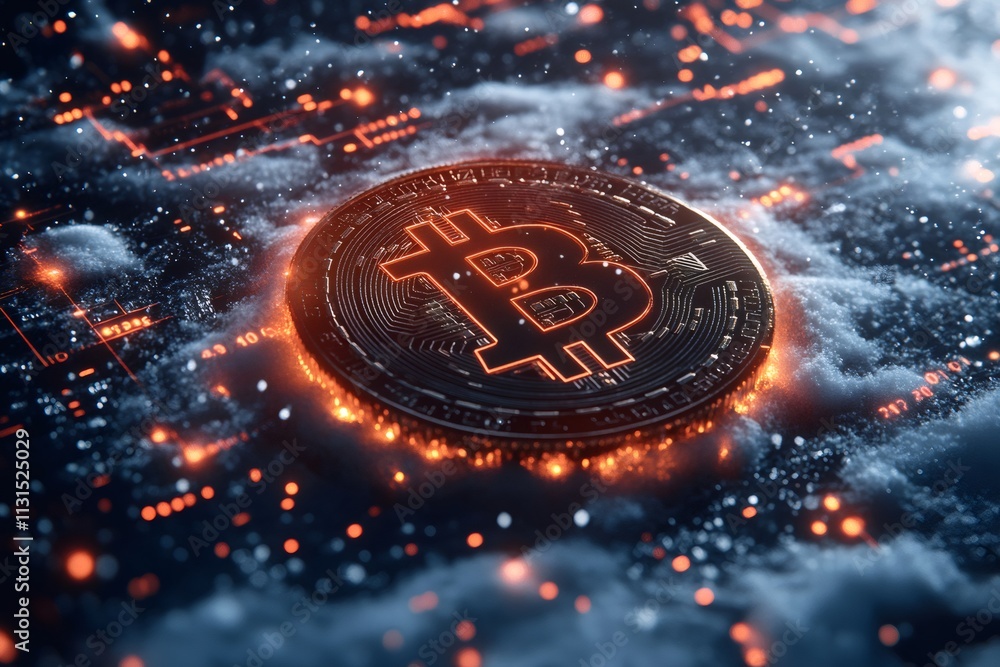 Poster Bitcoin cryptocurrency coin resting on frozen circuit board emitting light and data