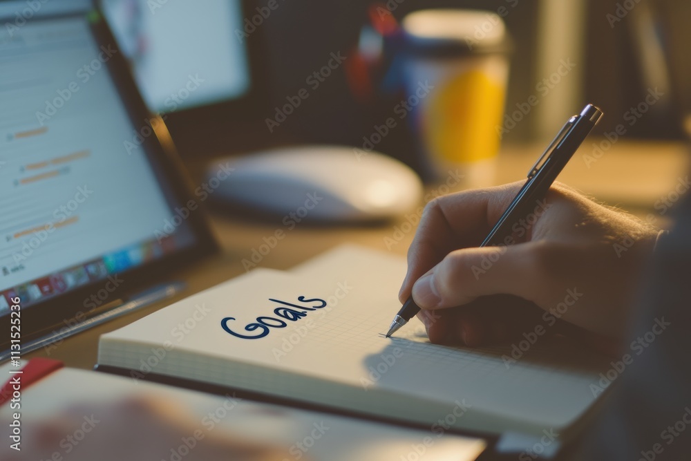 Aufkleber An individual is focused on writing goals in a neat notebook while using a laptop, symbolizing effective planning and selfimprovement in a cozy workspace that encourages creativity and productivity