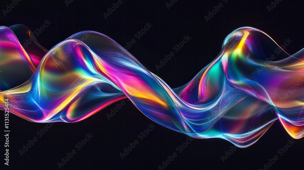 Poster 3d abstract liquid glass transparent clear ribbon wave line render. rainbow fluid flow curve shape w