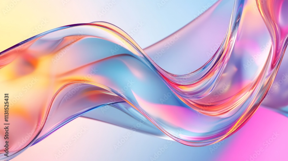 Poster 3d abstract liquid glass transparent clear ribbon wave line render. rainbow fluid flow curve shape w