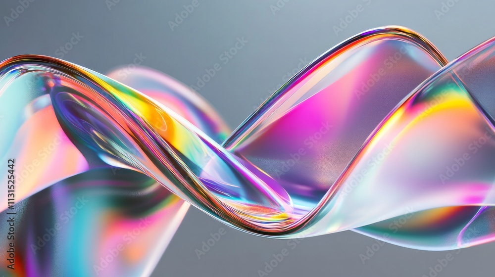 Poster 3d abstract liquid glass transparent clear ribbon wave line render. rainbow fluid flow curve shape w