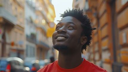 Fototapeta premium Joyful African man looking up at city buildings.