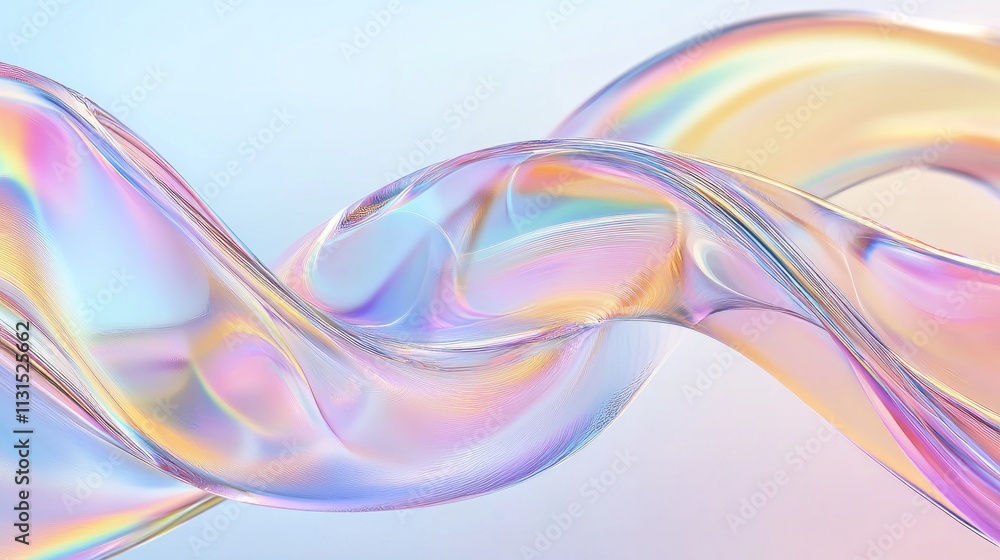 Poster 3d abstract liquid glass transparent clear ribbon wave line render. rainbow fluid flow curve shape w
