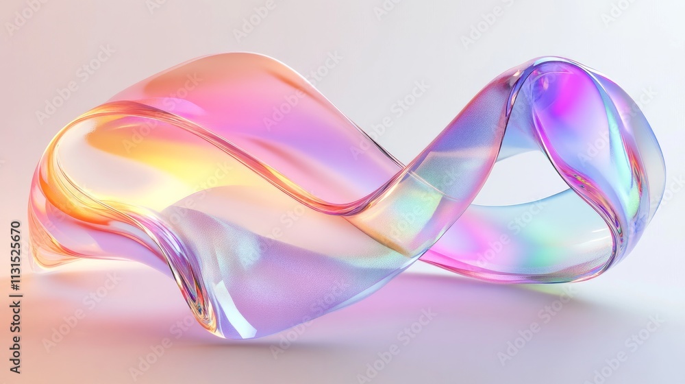 Poster 3d abstract liquid glass transparent clear ribbon wave line render. rainbow fluid flow curve shape w