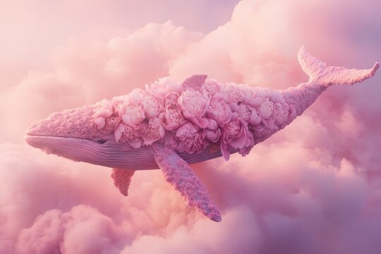 A surreal image of a majestic whale covered in pink flowers floating amidst dreamy pastel clouds.