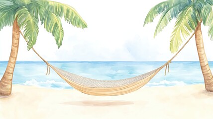 Fototapeta premium Leisurely Peaceful Moments with a hammock strung between two palm trees, a tropical beach in the background, and soft waves