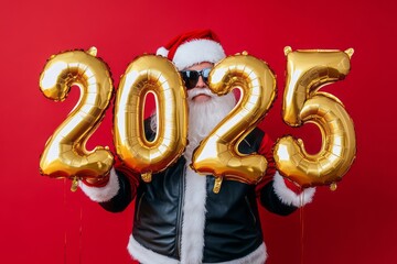 A Santa Claus holding golden foil balloons in the shape of the numbers "2025", isolated on red background.