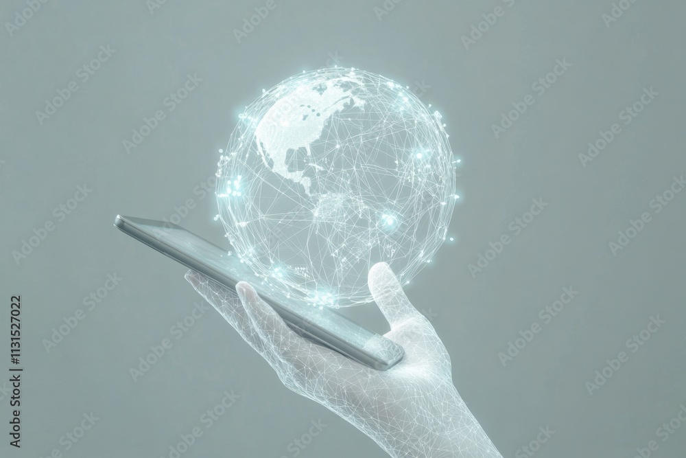 Poster 3d transparent hologram of a digital globe with social network connections, centered on an outstretc