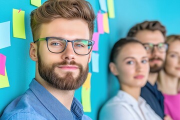 Creative professionals collaborate in a modern brainstorming session using sticky notes for idea generation in an innovative workspace