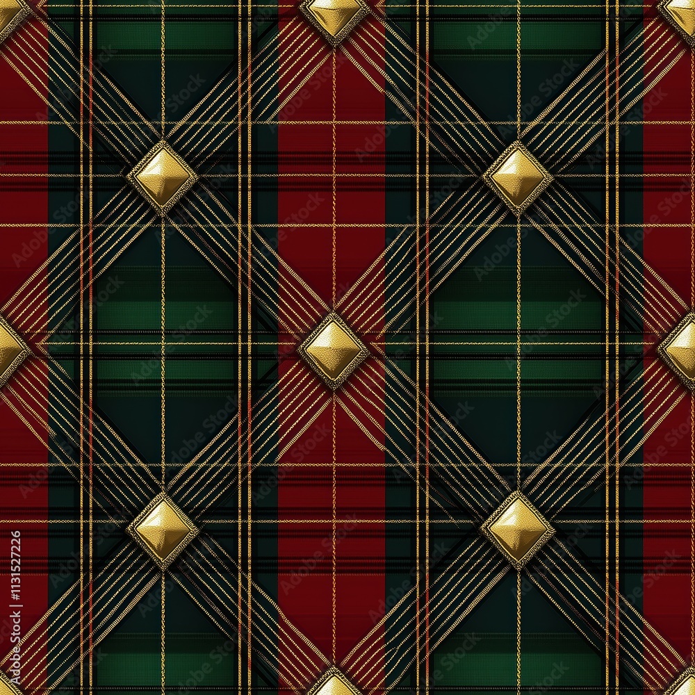 Poster tartan pattern featuring red and green colors with gold accents on a rich red background in a seamle