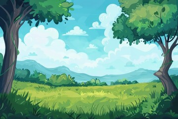 Obraz premium Lush Green Meadow with Trees and Mountains Under a Cloudy Sky