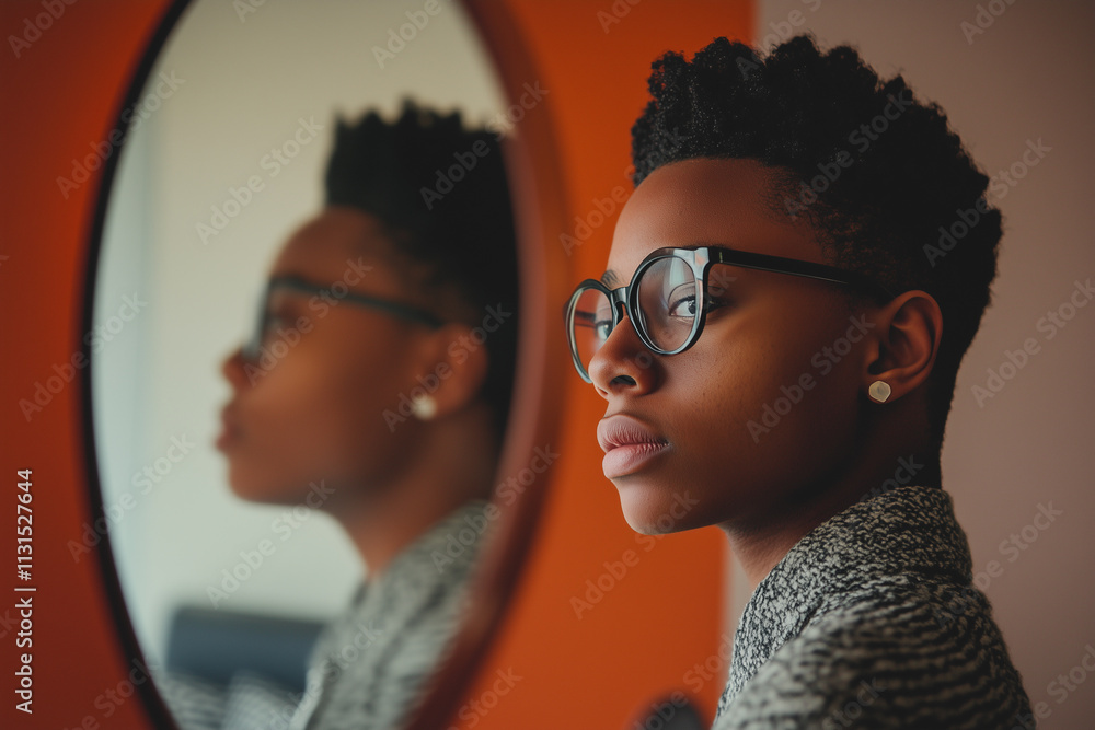 Poster student prepares for an important class presentation while reflecting in a mirror during a quiet stu