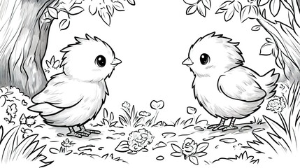 Simple Coloring Page with Cute Birds in Nature, Coloring page for kids concept.