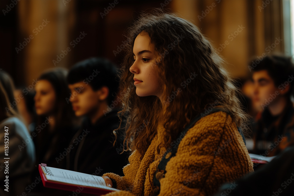 Poster student engaged in note-taking during an academic lecture in a historic classroom setting