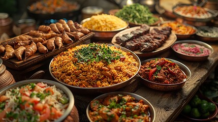Fototapeta premium Outdoor feast with multiple biryani pots in a vibrant setting