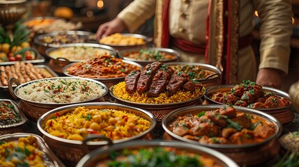 Obraz premium Outdoor feast with multiple biryani pots in a vibrant setting