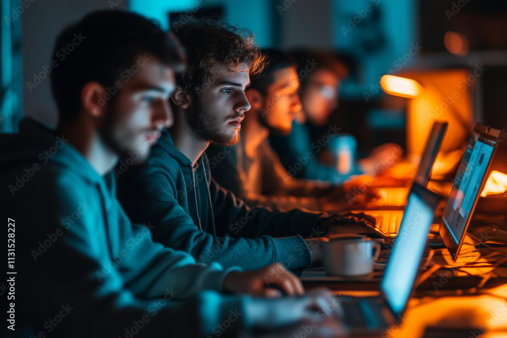 Poster students collaborate on coding projects during late-night hackathon event at a university