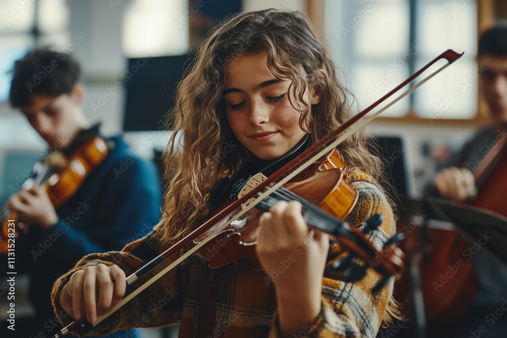 Poster students collaborate in music practice playing string instruments in a classroom setting