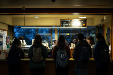 Students wait in line at campus coffee shop near twilight for their favorite beverages and snacks