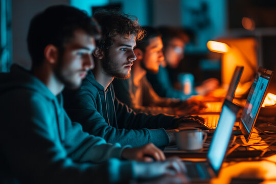 Students collaborate on coding projects during late-night hackathon event at a university