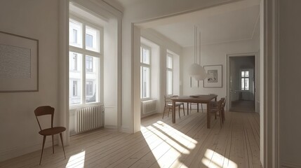 Obraz premium Sunlit minimalist dining room with wooden floors and large windows