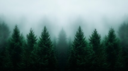 Fototapeta premium Misty Evergreen Forest Symmetrical Composition, Dark Green Conifers, Foggy Atmosphere