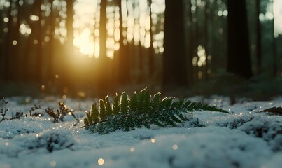 Fototapeta premium Fern lying on snowy forest floor in the sunlight.