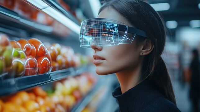 Innovative shopper using augmented reality glasses to scan products in a futuristic urban grocery store