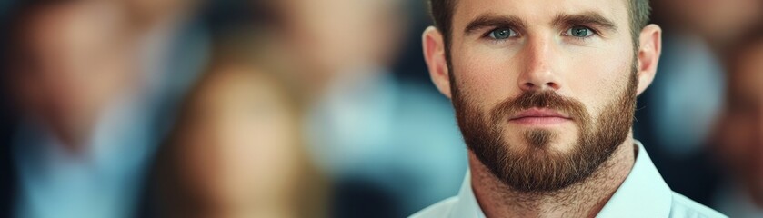 Obraz premium Close-Up Portrait Bearded Man, Blue-toned Background, Serious Expression
