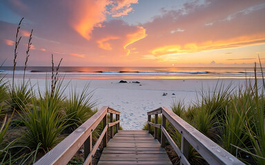 Obraz premium Golden Sunrise Over a Sandy Beach