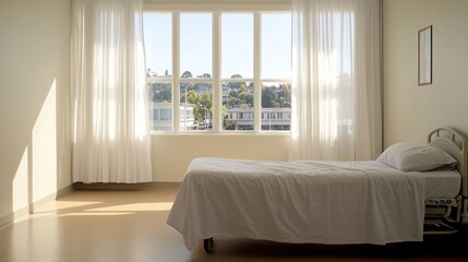 Fototapeta premium Bright Patient Room with Single Bed and Natural Light, Nurse making the bed at a hospital concept.