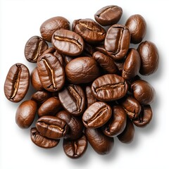 Rich coffee beans arranged on a white background with a clean, natural look highlighting texture and color