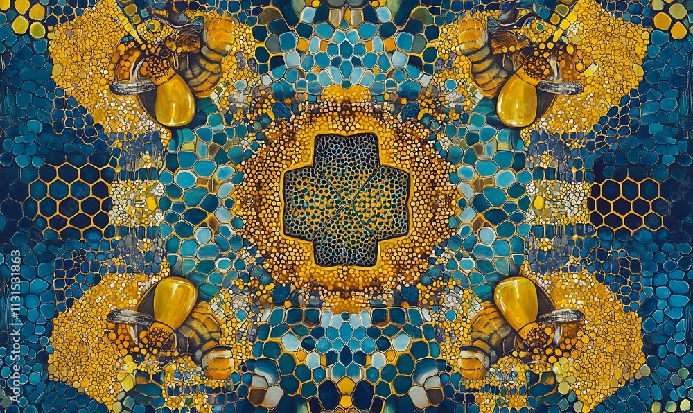 Poster abstract mosaic pattern with honeycomb and bee designs