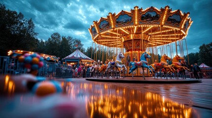 An enchanting carousel adorned with bright lights and colorful horses stands prominently, capturing the joy and excitement of a delightful day at the amusement park.
