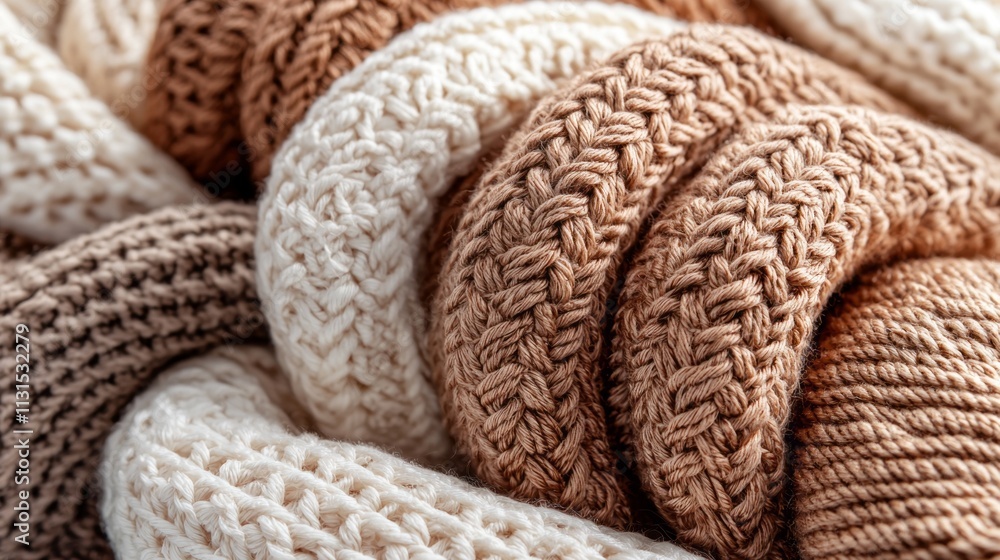 Poster Soft, woolen creations in varying shades of mocha are artistically arranged, showcasing their intricate patterns and inviting warmth. Perfect for chilly days and stylish layering