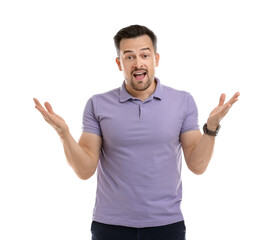 Fototapeta premium Portrait of surprised winner on white background
