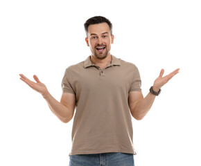 Fototapeta premium Portrait of happy winner on white background
