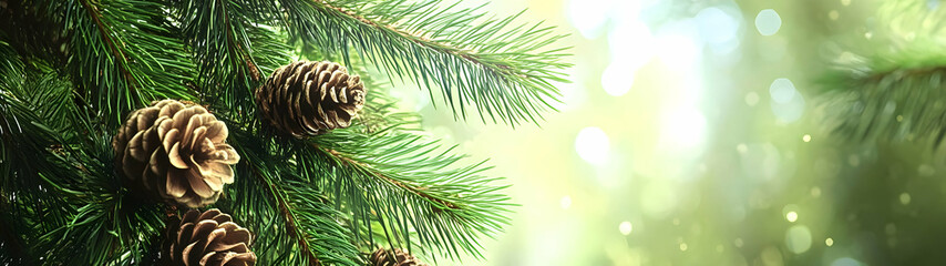 Obraz premium Fir and spruce branches and cones green needle abstract background Christmas texture. Copyspace.