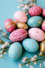 Fototapeta premium Pastel Easter eggs sit among delicate white flowers on a teal background