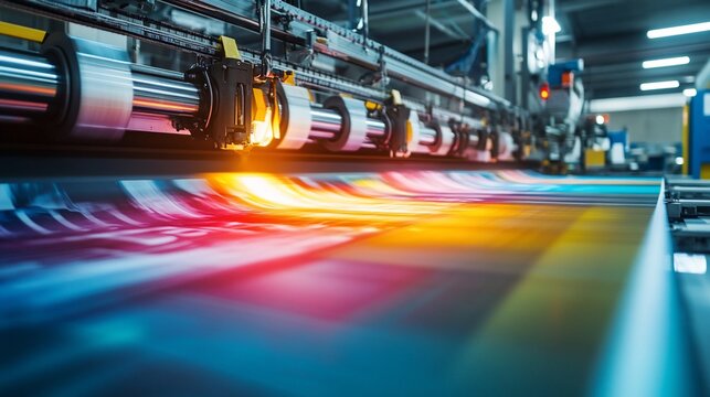 Large format printing press in action, showcasing vibrant colors and high-speed production.