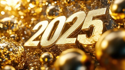 Golden 2025 New Year digits amidst sparkling spheres.