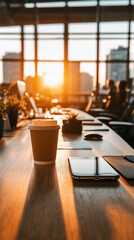 Close-up of a coffee cup and smartphone on a desk in a sunlit office.