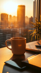 Close-up of a coffee cup and smartphone on a desk in a sunlit office.