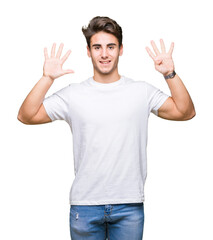 Naklejka premium Young handsome man wearing white t-shirt over isolated background showing and pointing up with fingers number nine while smiling confident and happy.