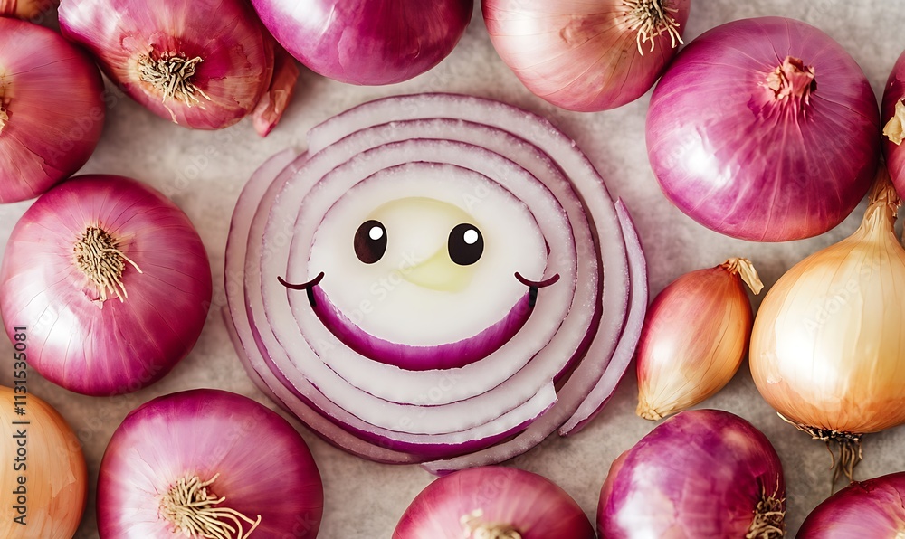 Poster red onions arranged with a smiling face slice