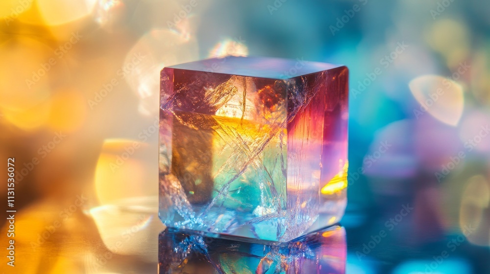 Poster abstract background with closeup shot of glossy crystal block with multicolored gradient reflection 