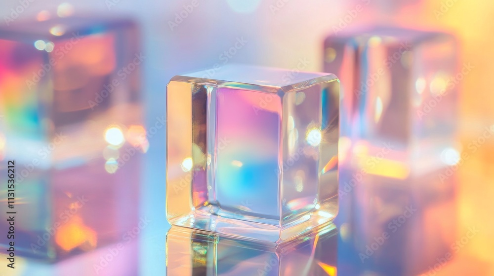 Poster abstract background with closeup shot of glossy crystal block with multicolored gradient reflection 