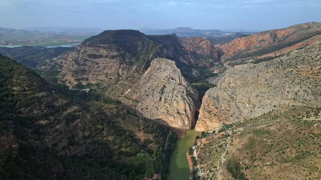 Aerial drone view of Caminito del Rey canyon in spanish mountains of Andalusia Spain