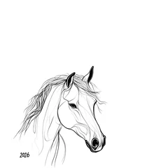 Papier peint photo  A minimalist line art drawing of a horse with "2026" subtly integrated into its flowing mane, set against a   © krismicrostoker